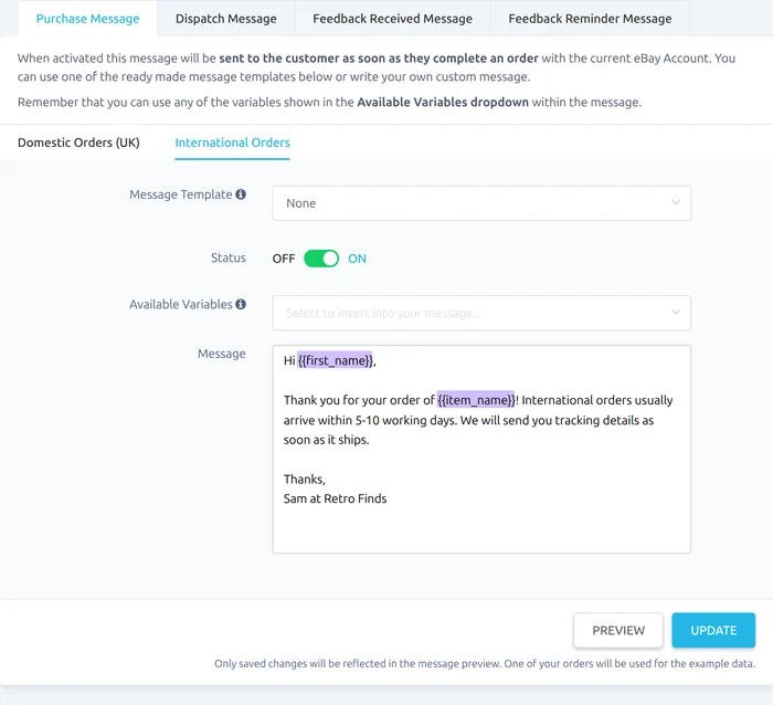 The International Orders version of the purchase message