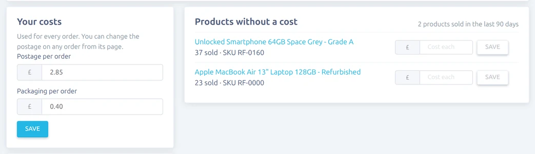 Default costs and products without a cost