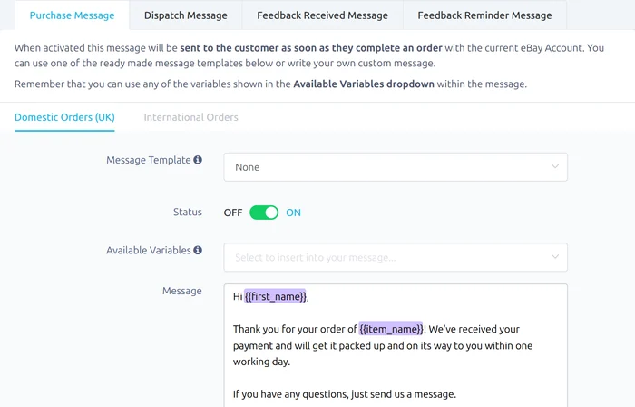 Purchase message settings in Vendsta