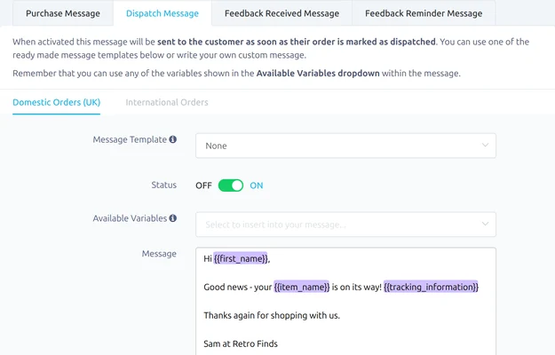 Dispatch message settings