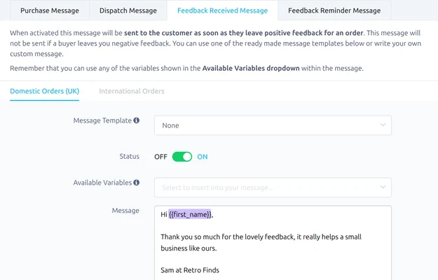 Feedback received message settings