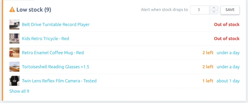 Low stock alerts in Vendsta