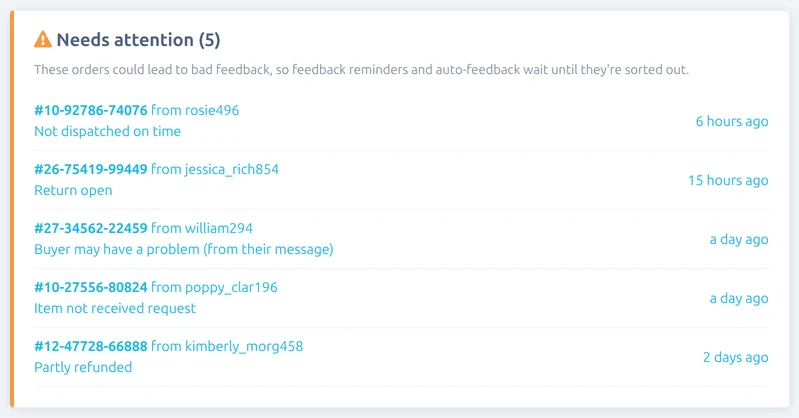 Orders that need attention on the Vendsta dashboard