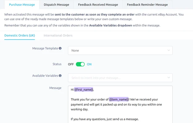 Purchase message settings